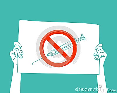 Syringe under red forbidden sign protest banner hands holding, No Covid Vaccine, Refusal vaccination Vector Illustration