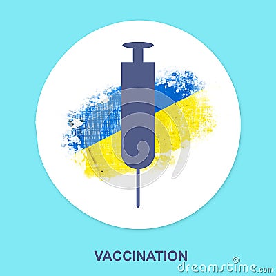 Syringe for vaccination against the background of the flag of Ukraine. Icon on a blue background. Isolated. Vaccination Stock Photo