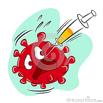 Syringe with vaccine destroying virus COVID-19 molecules Vector Illustration