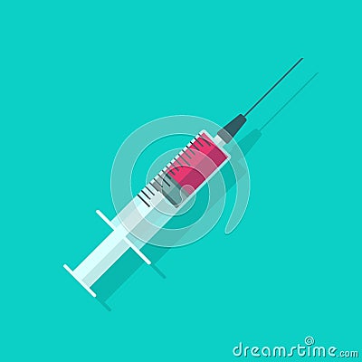 Syringe vector illustration, flat cartoon medical needle icon with full of vaccine or blood, clinical injector or squirt Vector Illustration