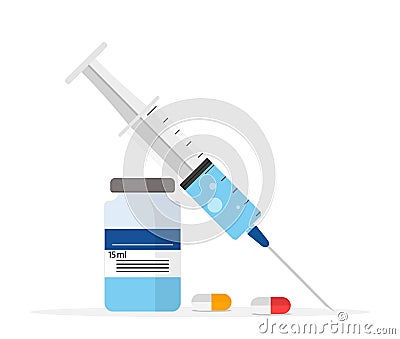 Syringe with vial for injection. Bottle with vaccine. Antibiotic in plastic vial for inject. Needle of syringe for shot of drug. Vector Illustration