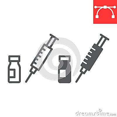 Syringe with vial line and glyph icon, covid-19 and injection, vaccine vector icon, vector graphics, editable stroke Vector Illustration