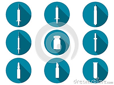 Syringe and vials flat icons with long shadow. Vaccine. Vector Vector Illustration