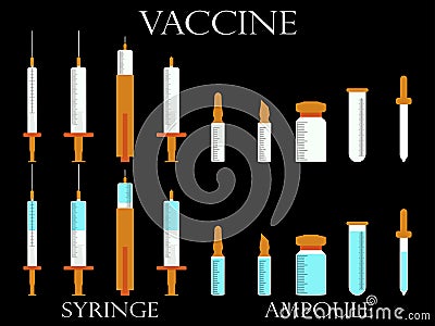 Syringe and vials. Vaccine. Medical instruments set. Vector Illustration