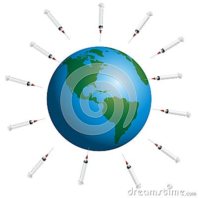 Syringes Planet Earth Mass Vaccination Immunization Vector Illustration