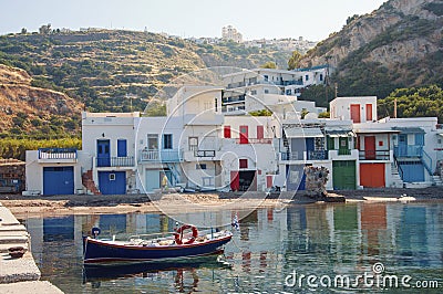 Syrmata colorful fishermans houses at Milos island in Greece Stock Photo