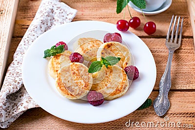 Syrniki Cottage cheese pancakes traditional Ukrainian and Russian cuisine Stock Photo