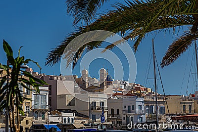 Syros, Greece - July 1, 2021: The village of Ermoupoli at the island of Syros, the capital of the cyclades archipelago. Located in Editorial Stock Photo