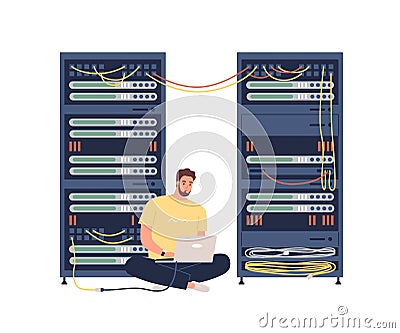 Sysadmin adjusting network connection, repairing equipment, maintaining system work in server room. Man working with Vector Illustration