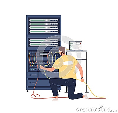 Sysadmin adjusting network and internet connection to computer. System administrator maintaining and repairing server Vector Illustration
