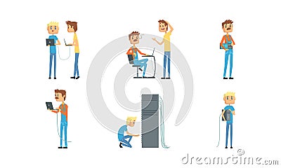 Sysadmin characters set. System administrator repairing and adjusting network connection, working on computer and Cartoon Illustration
