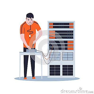 Sysadmin maintaining or repairing server. Maintaining work, repairing and adjusting network connection. Technical Vector Illustration