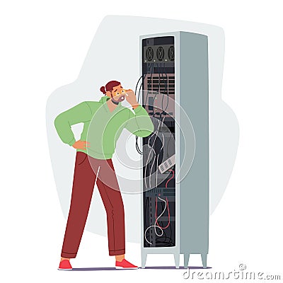 Sysadmin Male Character Repairing and Adjusting Network Connection. System Administrator Working With Server Rack Vector Illustration