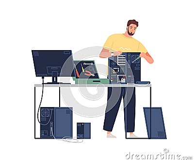 Sysadmin repairing computer. Technician mending PC hardware. Repairman working with system unit and tools. Colored flat Vector Illustration