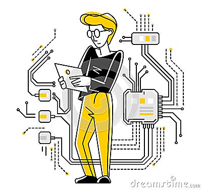 Sysadmin repairing hardware vector outline illustration, system administrator computer engineer working with circuit boards Vector Illustration