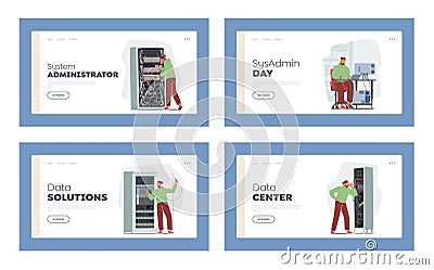 Sysadmin Working Landing Page Template Set. Male Character Doing Technical Work With Server Rack, Support Networks Vector Illustration
