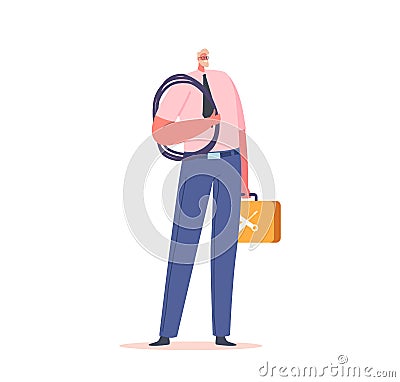 System Administration Character Toolbox and Cable for Servicing Server Racks, Sysadmin Isolated on White Background Vector Illustration