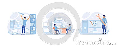 System administrations, computer lab and troubleshooting, digital technology maintenance. Sysadmins servicing server racks, Vector Illustration