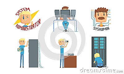 System administrator characters set. People adjusting network connection, working on computer and upkeeping server Vector Illustration