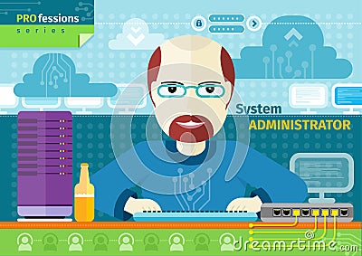 System administrator with computer in data centre Vector Illustration