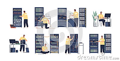 System administrator flat vector illustrations set. Computer repair, upkeeping server, adjusting network. Sysadmin Vector Illustration