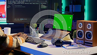 System administrator handling software optimization next to mockup copy space Stock Photo