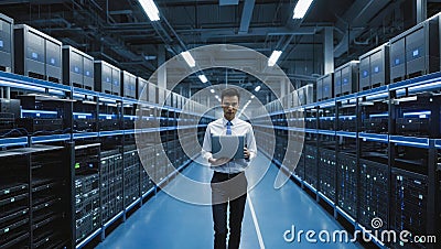 system administrator in large data center, analyzes network status, server load from laptop. technical specialist in huge server Stock Photo