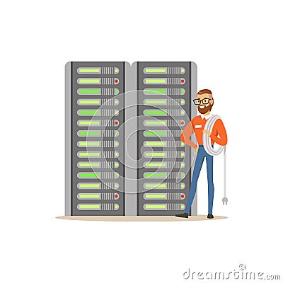 System administrator, server admin, programmer working with hardware equipment of data center, server maintenance Vector Illustration