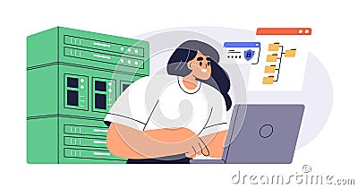 System administrator and server data. Computer storage, network administration, database maintenance and management Vector Illustration