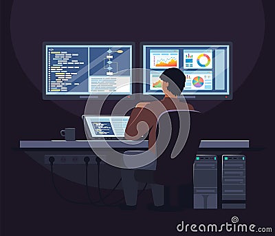 System administrator, software developer working on laptop computer in office, flat vector illustration. Vector Illustration