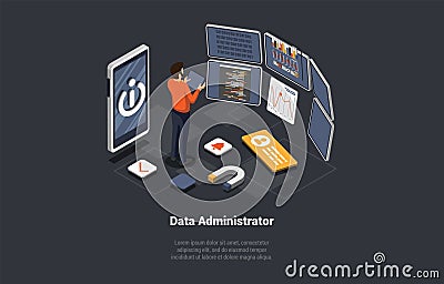 System Administrator Upkeeping Server, Adjusting Network, PC Hardware. Sysadmin Repairing Computer And Smartphone Vector Illustration