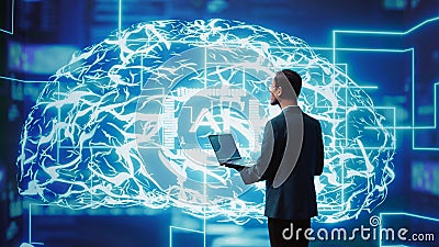 System administrator working on laptop, programming artificial intelligence Stock Photo