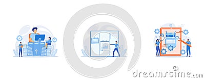 System administrators or sysadmins are servicing server racks, Kanban board with to do lists, Developers with wrench work on Vector Illustration