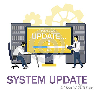 System administrators updating operation system. Software installation, computer system upgrade or maintenance, vector. Vector Illustration