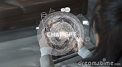 System Artificial intelligence chatbot , Business woman using Smartphone With ChatGPT Chat Bot AI , Technology smart robot Ai Chat Stock Photo
