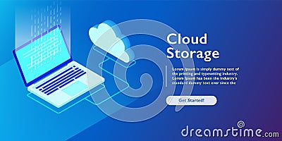 System of cloud storage, laptop uploading data, backup information isometric vector illustration Vector Illustration