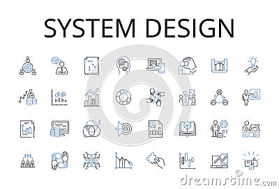 System design line icons collection. Strategic planning, Budget control, Marketing research, Data analysis, Financial Vector Illustration