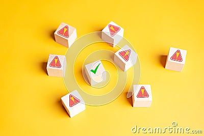 System error correction and bug fixing process complete. Debugging the system failure. Right icon option among the risky ones. Stock Photo