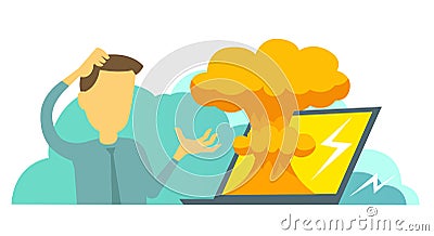 System error in laptop epic fail. Atomic bomb explosion nuclear, Man manager programmer and bug in the computer Vector Illustration