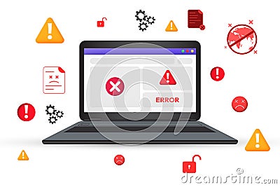 System error and virus concept design on the screen of Laptop, floating shapes of malware. Hacking, failed, warning, graphic Stock Photo