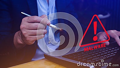 System hacked warning alert on Laptop, Cyber attack on computer network, Virus, Spyware, Malware or Malicious software, Cyber Stock Photo