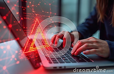 System hacked warning alert on notebook. Cyber attack on computer network, virus, spyware or malicious software. Cyber security, Stock Photo