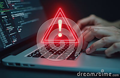 System hacked warning alert on notebook. Cyber attack on computer network. Virus, spyware, malware or malicious software. Cyber Stock Photo