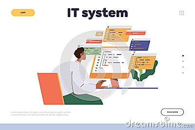 IT system landing page design template with man programmer or sysadmin working on computer Vector Illustration