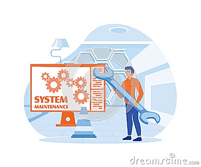 system maintenance, update program and application, technology, engineer, error, fixing a trouble, Vector Illustration