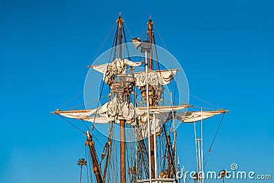 System of ropes, cables and chains, which support a sailing ship`s mast Stock Photo