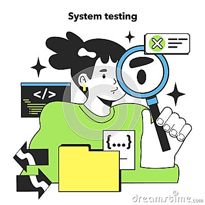 System testing level. Software testing methodology. IT specialist searching Vector Illustration