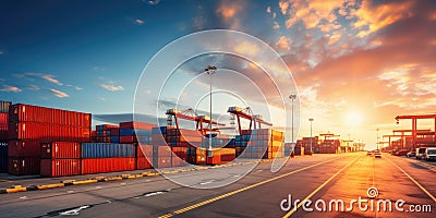 System transportation and logistics concept Top-down photography of industrial containers being loaded in a logistics Stock Photo