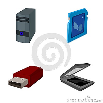 A system unit, a flash drive, a scanner and a SD card. Personal computer set collection icons in cartoon style vector Vector Illustration