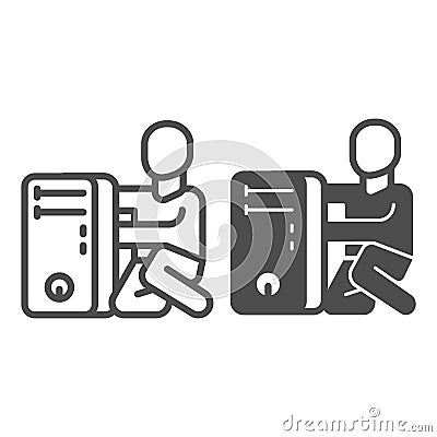 System unit and master line and solid icon, pcrepair concept, system unit, master vector sign on white background, man Vector Illustration